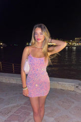 Cute Sheath Spaghetti Straps Pink Sequins Short Homecoming Dress